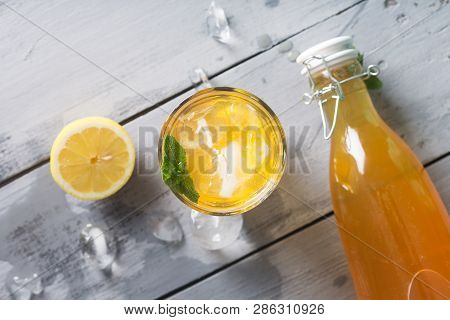 Kombucha Lemonade Is A Fermented Drink Made From Tea And Lemon, Produced Using Culture Scoby