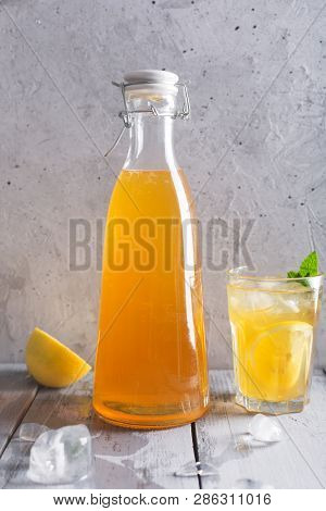 Kombucha Lemonade Is A Fermented Drink Made From Tea And Lemon, Produced Using Culture Scoby