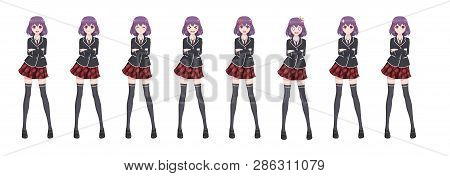 Anime Manga Girl, Cartoon Character In Japanese Style. Student Girl In A Black Blazer, A Red Skirt I
