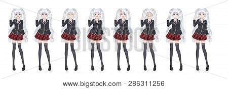 Anime Manga Girl, Cartoon Character In Japanese Style. Student Girl In A Black Blazer, A Red Skirt I