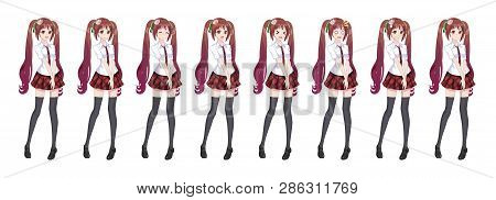 Anime Manga Girl, Cartoon Character In Japanese Style. In A White Shirt, A Red Skirt In A Cage, A Ti