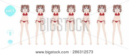 Anime Manga Girl, Cartoon Character In Japanese Style. In A Summer Bikini Swimsuit. Set Of Emotions.