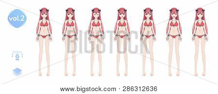 Anime Manga Girl, Cartoon Character In Japanese Style. In A Summer Bikini Swimsuit. Set Of Emotions.