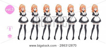 Anime Manga Girl, Cartoon Character In Japanese Style. Costume Of Maid Cafe. Set Of Emotions. Sprite