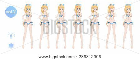 Anime Manga Girl, Cartoon Character In Japanese Style. In A Summer Bikini Swimsuit. Set Of Emotions.