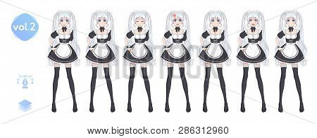Anime Manga Girl, Cartoon Character In Japanese Style. Costume Of Maid Cafe. Set Of Emotions. Sprite