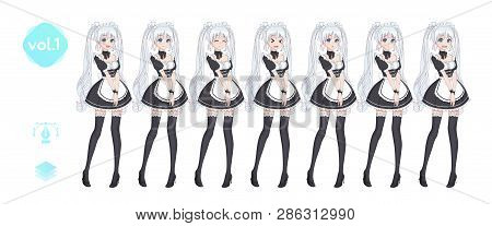 Anime Manga Girl, Cartoon Character In Japanese Style. Costume Of Maid Cafe. Set Of Emotions. Sprite