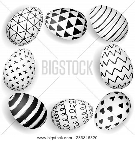 Easter Eggs Frame With Transparent Shadows Isolated On White. Hand Drawn Black And White Ink Pattern