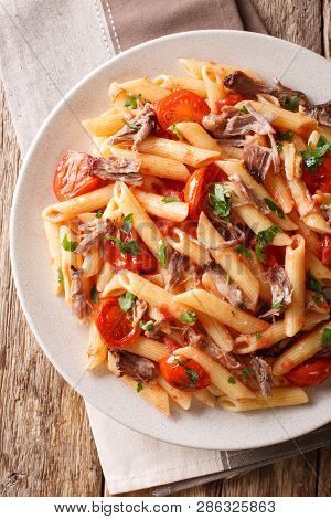 Italian Penne Pasta With Pulled Pork, Cheese, Tomato Sauce And Herbs Close-up On A Plate. Vertical T