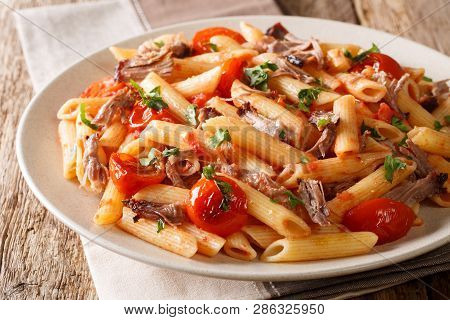 Italian Pasta With Baked Shredded Pork, Cheese, Tomato Sauce And Herbs Close-up On A Plate. Horizont