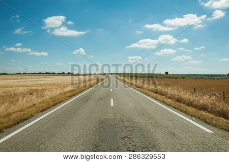 Straight Road Through Rural Landscape Near The Monfrague National Park
