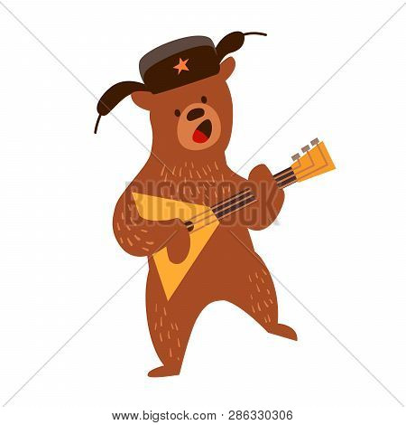 Bear With Balalaika Vector Illustration. Russian Tradicional Symbol. Travel To Russia Cartoon Style.