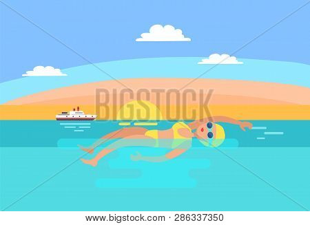 Backstroke Swimming Expert Female Vector. Sunrise And Professional Woman In Sea Water. Ship Transpor