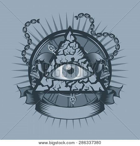 Vintage All Seeing Eye In Triangle With Watches And Skulls Behind. Monochrome Tattoo Style.