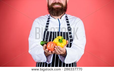 Time For Dinner. Bearded Man Cook In Kitchen, Culinary. Vegetarian. Mature Chef With Beard. Healthy 