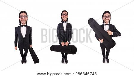 Man with violin case isolated on white