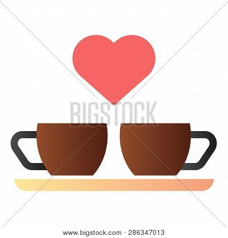 Heart And Two Coffee Cups Flat Icon. Two Mugs And Heart Color Icons In Trendy Flat Style. Romantik D