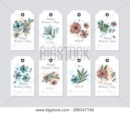 Vector Linear Design For Womens Day Greetings Elements On White Background. Spring Golidays Tags Set