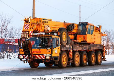 Novyy Urengoy, Russia - February 22, 2019: Heavy Mobile Crane Liebherr At The Interurban Road.
