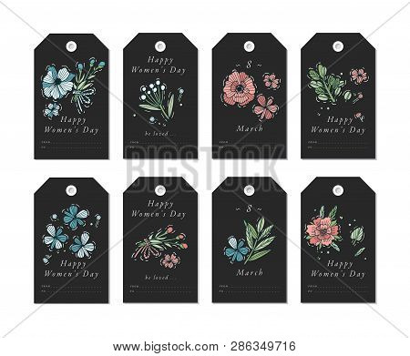 Vector Linear Design For Womens Day Greetings Elements On White Background. Spring Golidays Tags Set