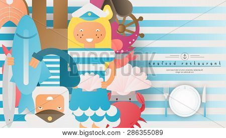 Seafood Restaurant Menu Cover Design. Sailor Man And Sailor Girl, Marine Food On Advertisement For F