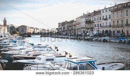 Sete, France - January 4, 2019: View Of The Marina In The City Center Where Pleasure Boats Are Parke