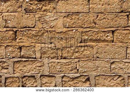 Vintage Arabic Mud Wall In The Desert Made With Beach Rocks And Coral Stones