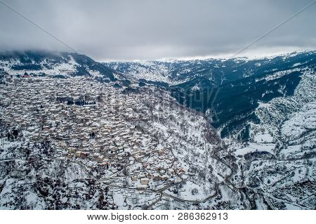Aerial View Of The Snowy Metsovo Is A Town In Epirus, In The Mountains Of Pindus In Northern Greece