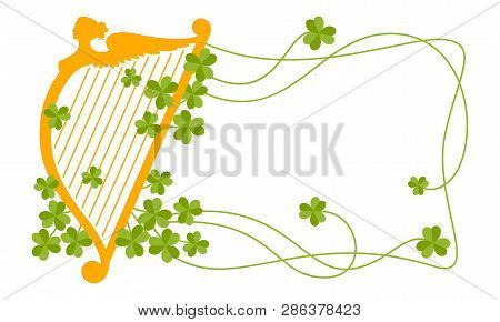Vector Flat Style Background With Orange Harp Silhouette And Clover Leaves. Decorative Element For S
