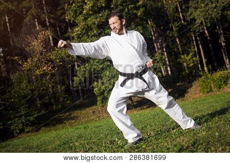 The Middle Aged Man In White Kimono And Black Belt Is Practicing Martial Arts In Nature.