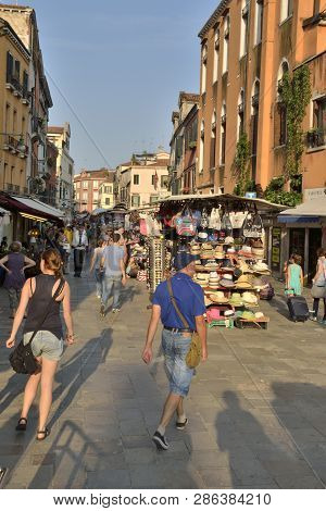 Venice, Italy - August 10, 2014: People At Crowded Streeet  In The District Of Cannaregio In Venice,