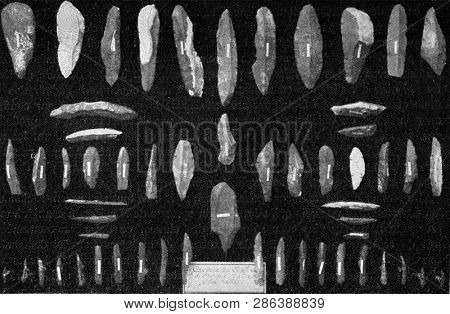Fine flint knives from places of discovery of the posterior diluvial period in northern France, vintage photo. From the Universe and Humanity, 1910.
