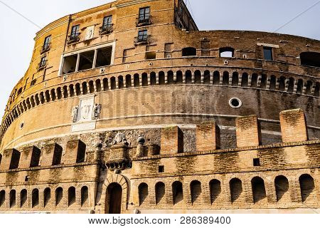 Section Of Castel Santangelo (mausoleum Of Hadrian - Castle Of The Holy Angel) A Towering Cylindrica