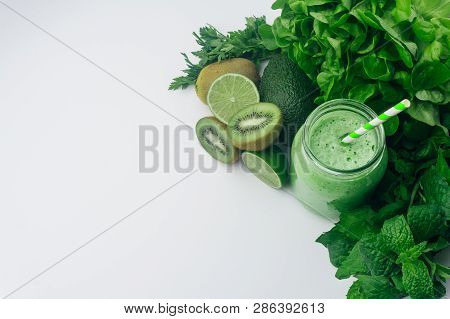 Green Detox Healthy Smoothie From Green Fruit - Avocado, Salad, Kale, Lime, Kiwi, Mint. Alkaline Die