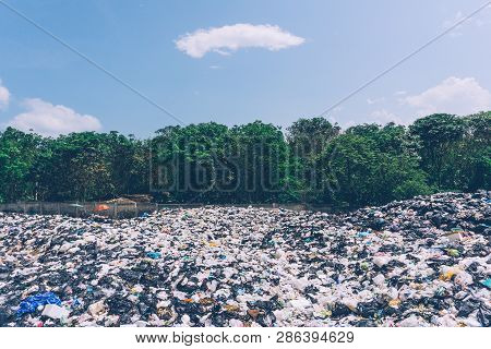 Plastic Pollution In The Jungle. Dirty Plastic Bottles And Bags On A Garbage. Ocean Pollution, Plast