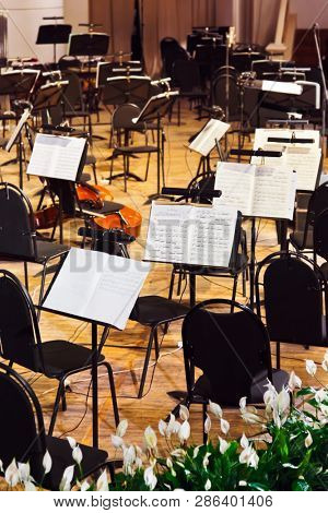 MOSCOW, RUSSIA - NOVEMBER 15: Musical instruments and sheet music at Chaikovsky Hall on November 15, 2011 in Moscow, Russia.
