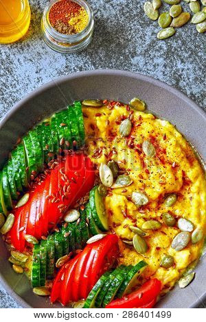 Polenta With Vegetables. Corn Porridge With Vegetables. Vegan Lunch Bowl With Corn Porridge. Vegan P