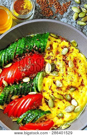 Polenta With Vegetables. Corn Porridge With Vegetables. Vegan Lunch Bowl With Corn Porridge. Vegan P