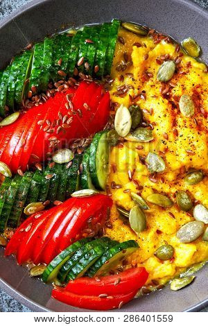 Polenta With Vegetables. Corn Porridge With Vegetables. Vegan Lunch Bowl With Corn Porridge. Vegan P