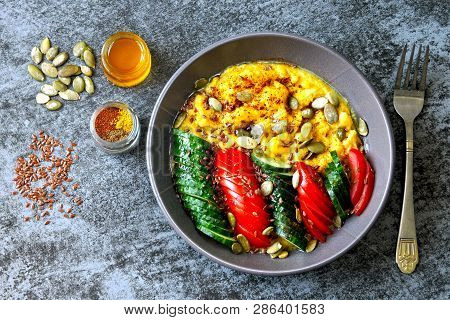Polenta With Vegetables. Corn Porridge With Vegetables. Vegan Lunch Bowl With Corn Porridge. Vegan P