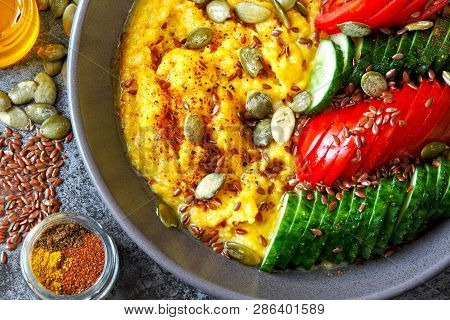 Polenta With Vegetables. Corn Porridge With Vegetables. Vegan Lunch Bowl With Corn Porridge. Vegan P
