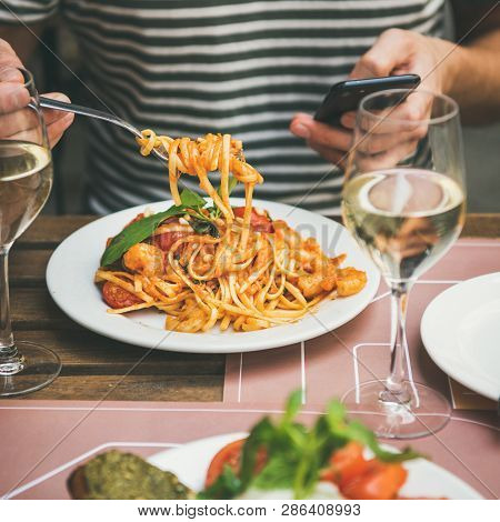 Italian Dinner At Bistrot With Caprese Salad And Pasta
