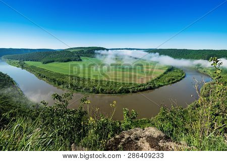 Dnister River Landscape In Ternopil Region Of Western Ukraine. Idillyc View From Above In The Mornin