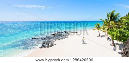 Panorama Aerial View Of Breathtakingly Beautiful White Sand Beach With Palm Trees And Turquoise Wate