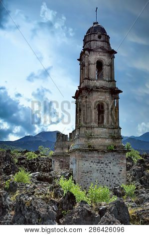 San Juan Parangaricutiro, Small Village Near The Paricutin Volcano In Michoacan, Mexico. Destroyed D