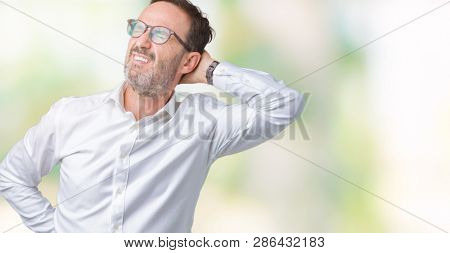 Handsome middle age elegant senior business man wearing glasses over isolated background Suffering of neck ache injury, touching neck with hand, muscular pain