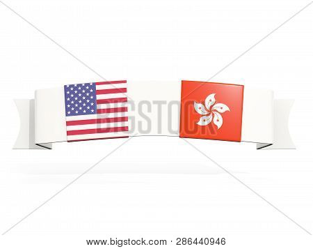 Banner With Two Square Flags Of United States And Hong Kong