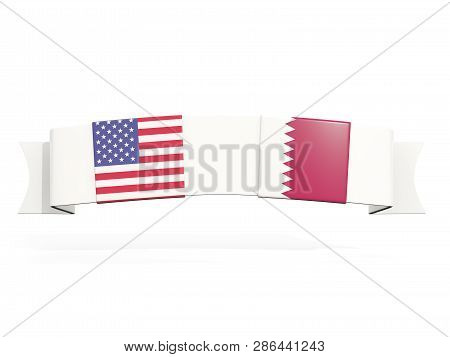 Banner With Two Square Flags Of United States And Qatar