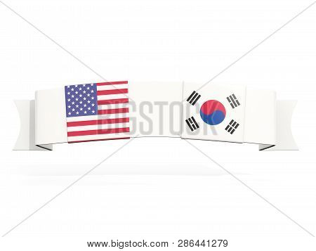 Banner With Two Square Flags Of United States And South Korea