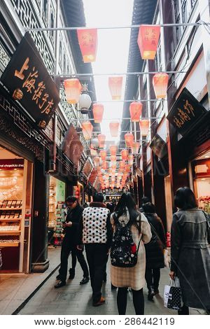 Shanghai, China - January 21, People Are Shopping Market Street Chenghuang Miao City God Temple In S